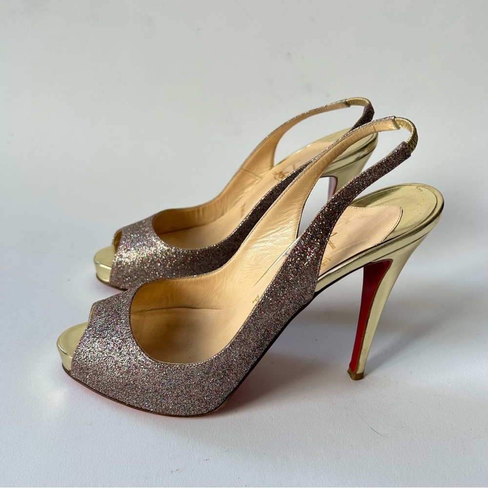 Christian Louboutin Lady Peep Slingback Peep Toe Glitter Heel sz 40 - Picture 7 of 16
